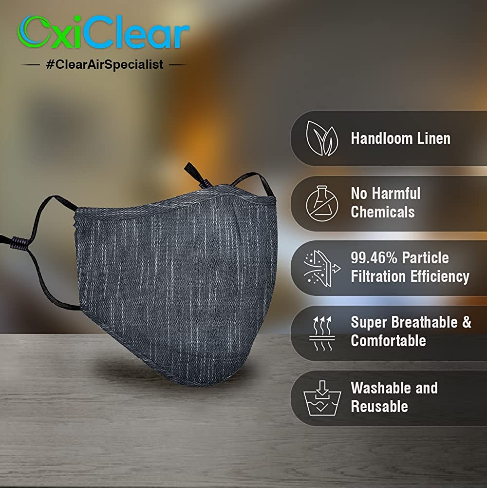OxiClear N99 Handloom Linen Face Mask with Carbon Filters Headband Reusable DRDO Certified (Charcoal)