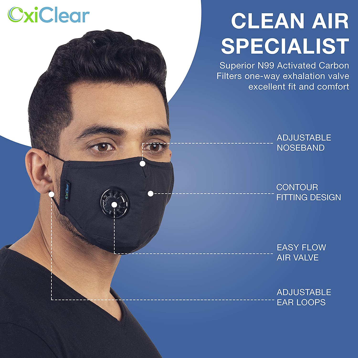 OxiClear N99 Pollution Mask With Carbon Filters Reusable D.R.D.O Certified (Multicolour Dark - Pack of 3)