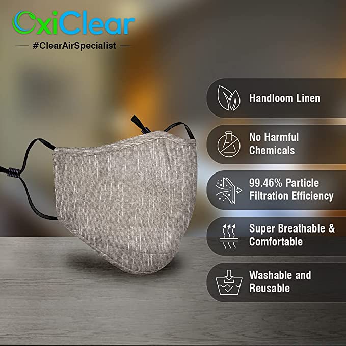 OxiClear N99 Handloom Linen Face Mask with Carbon Filters Headband Reusable DRDO Certified (Stone)