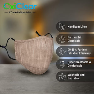 
            
                Load image into Gallery viewer, OxiClear N99 Handloom Linen Face Mask with Carbon Filters Headband Reusable DRDO Certified (Desert)
            
        