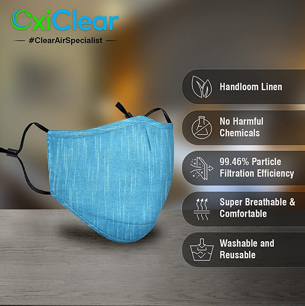 OxiClear N99 Handloom Linen Face Mask with Carbon Filters Headband Reusable DRDO Certified (Ocean)