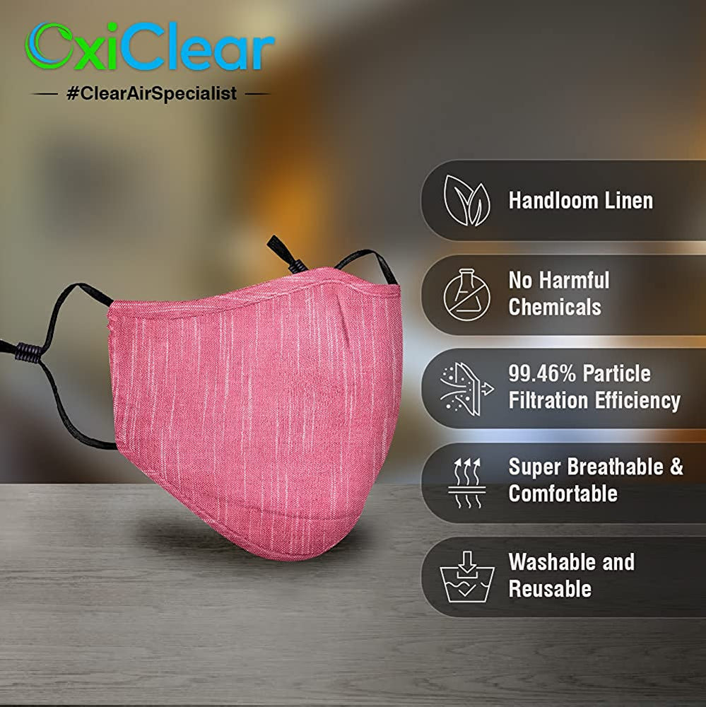OxiClear N99 Handloom Linen Face Mask with Carbon Filters Headband Reusable DRDO Certified (Rose Pink)