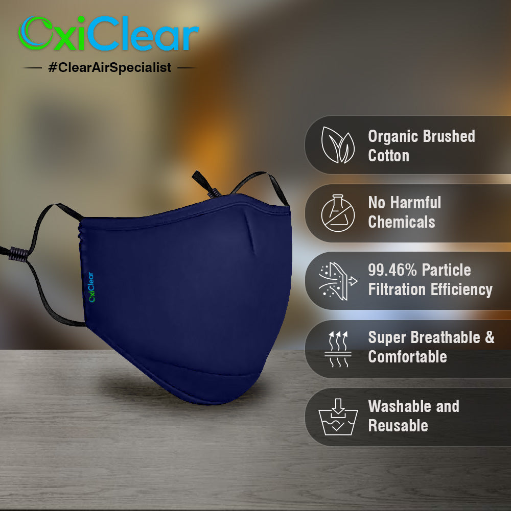 OxiClear N99 Anti Pollution Face Mask with Carbon Filters Headband Reusable D.R.D.O Certified (Royal Blue) (No Valve)