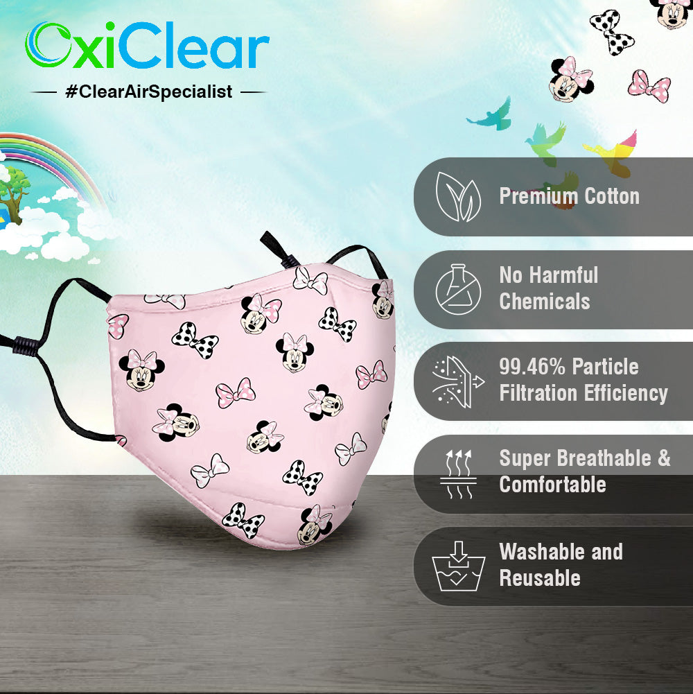 OxiClear Kids N99 Anti Pollution Face Mask with Carbon Filters Headband Reusable D.R.D.O Certified (Mini Mouse)