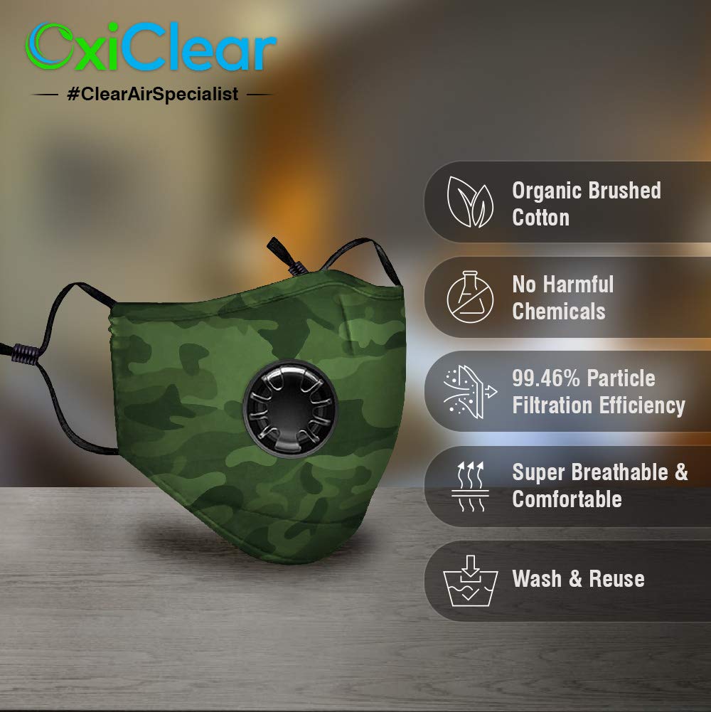OxiClear N99 Anti Pollution Mask with Carbon Filters Headband Reusable D.R.D.O Certified (Combat)