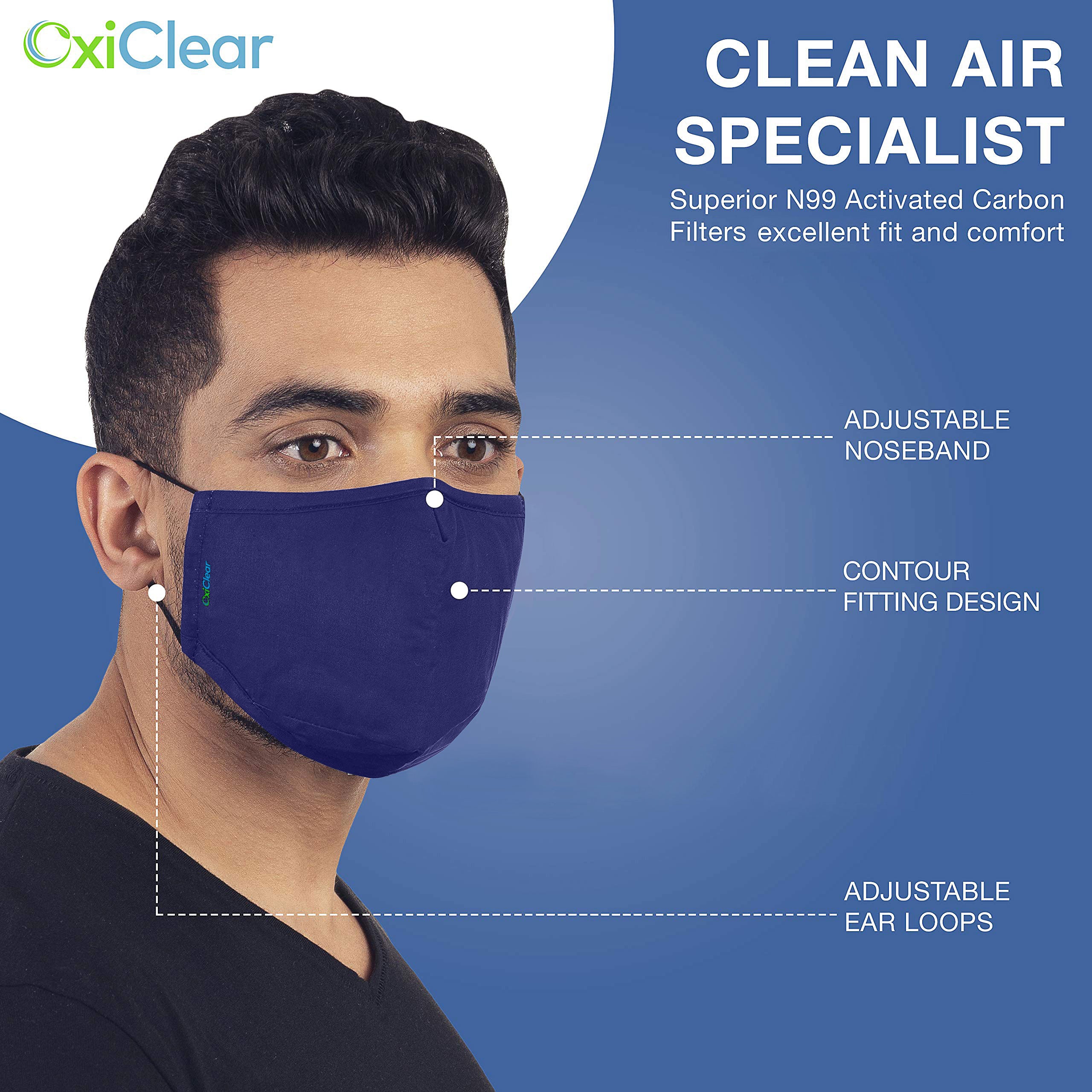 OxiClear N99 Anti Pollution Face Mask with Carbon Filters Headband Reusable D.R.D.O Certified (Multicolor) (Pack of 5) (No Valve)