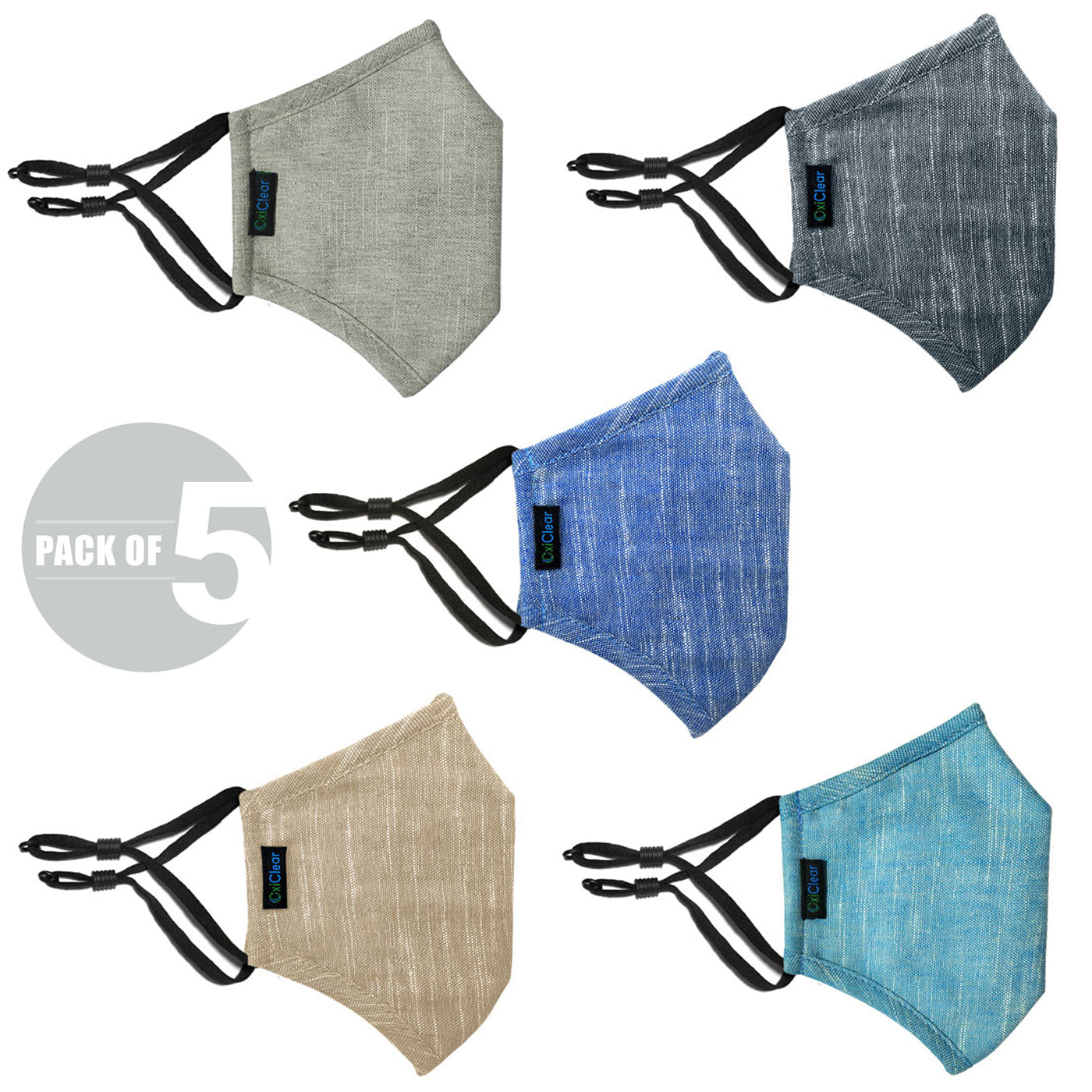 OxiClear Handloom Linen Cloth Face Mask, 3 Layer Washable (Pack of 5)