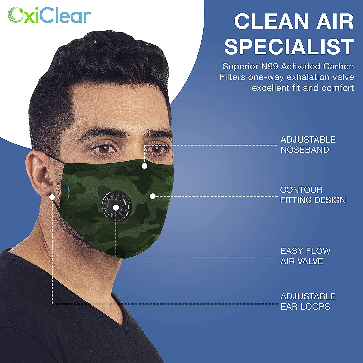 OxiClear N99 Anti Pollution Mask with Carbon Filters Headband Reusable D.R.D.O Certified (Combat)
